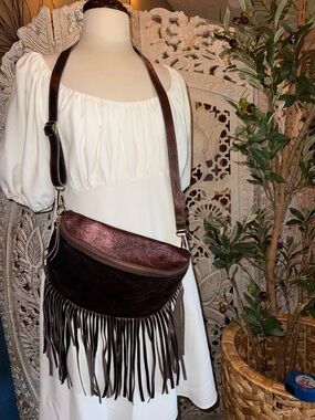 Fringed Leather Crossbody Bag in Dark Brown